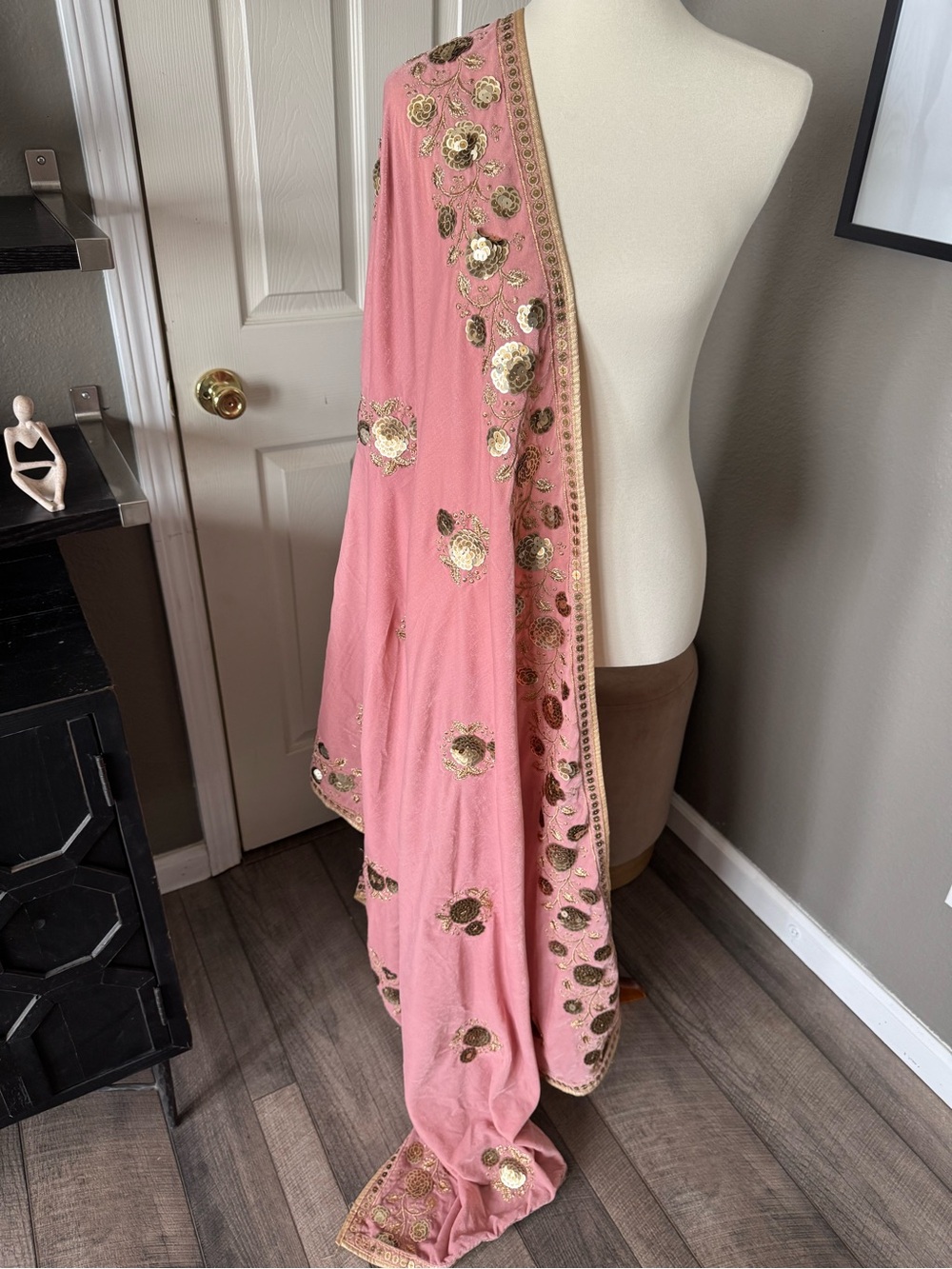 Baby pink velvet shawl with gold embroidery